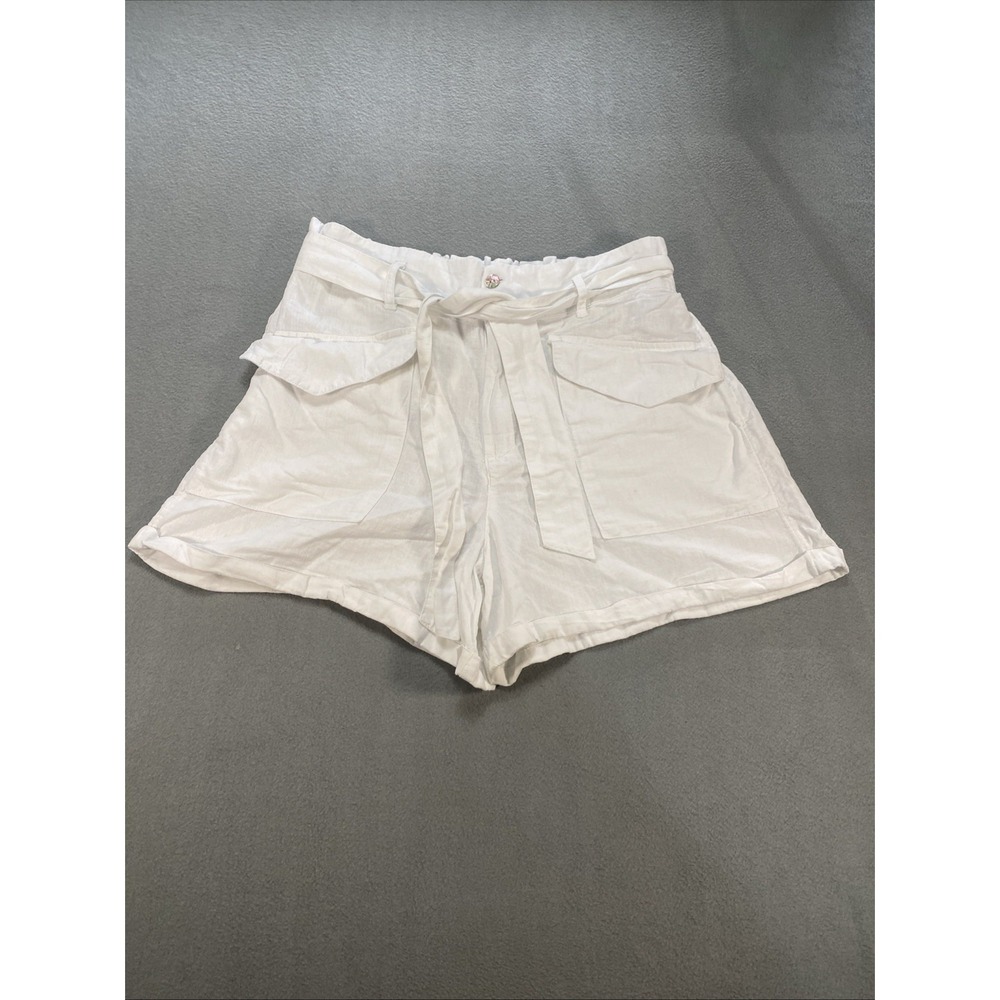 Nicole Miller Women's Belted Linen Blend Shorts Large White Beach Coastal Summer